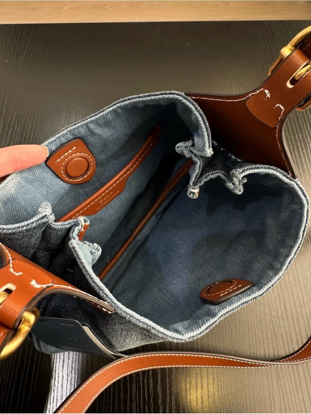 Ralph Lauren Denim Crescent Tote with Brown Leather Strap and Gold Plaque - Picture 8 of 8